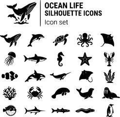 Obraz premium Ocean Life Marine Silhouette Icon Set Humpback Whale Dolphin Sea Turtle Octopus Manta Ray Jellyfish Shark Seahorse Starfish Clownfish Orca Narwhal Stingray Seaweed Coral 25 Icons Flat Vector Black