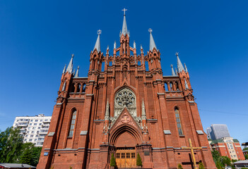 Fototapeta premium Gothic cathedral of the Immaculate Conception of the Holy Virgin Mary in Moscow, Russia (translation 