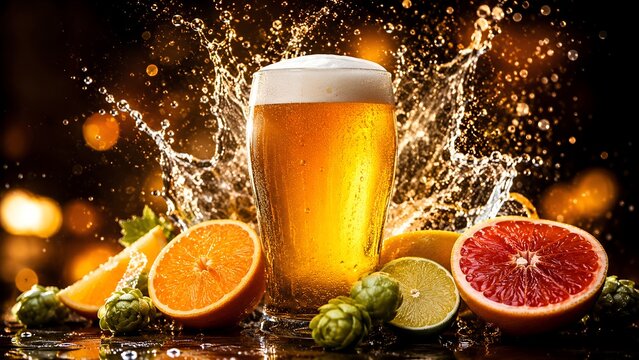 Splashing craft beer with citrus fruits on dark background