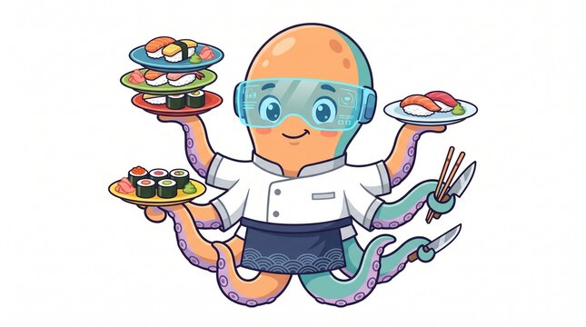 Cute Seafood Chef Octopus Character in Dynamic Motion Vector Illustration Style