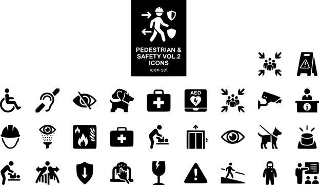 Pedestrian Safety Vol 2 Icon Set Wheelchair Accessible Hearing Loop Visual Impairment Guide Dog Quiet Room First Aid AED Evacuation Muster Point Wet Floor Hard Hat Eye Wash CCTV 25 Icons Flat Vector