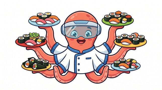 Cartoon Octopus Chef Serving Fresh Sushi Plates in Futuristic Kitchen Concept