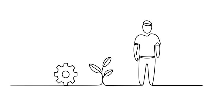 Continuous line drawing of a man standing next to a small green plant and a mechanical gear icon representing growth progress development and industry in one stroke Vector, illustration