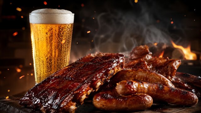 Smoked barbecue ribs with beer and sausages