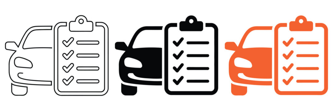 Vehicles with checklists for efficient car maintenance and inspection, car maintenance vector icon set for auto repair services, vehicle diagnostics, transportation safety reports, and garage 