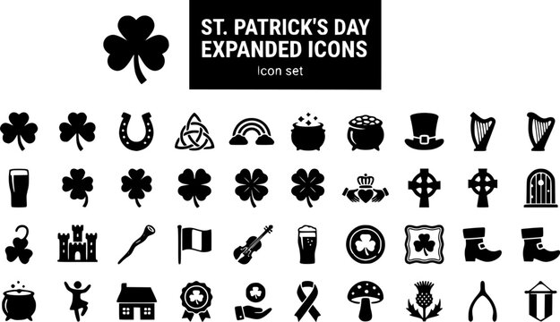 St Patrick's Day Expanded Icon Set Shamrock Horseshoe Celtic Knot Rainbow Pot of Gold Leprechaun Hat Irish Harp Pub Pint Claddagh Ring Celtic Cross Four Leaf Clover 30 Icons Editable Strokes Flat 