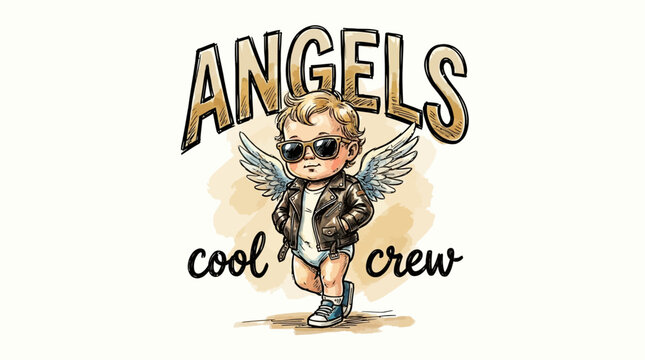 Fashionable Hand Drawn Vector Illustration of a Cool Baby Angel Wearing Trendy Sunglasses and Holding a Slogan Banner, Artistic Cute Cherub Character Graphic Design for Urban Streetwear Apparel