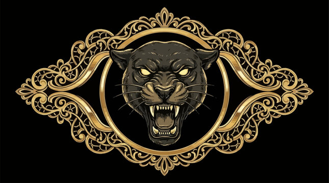 Furious black panther mascot head encased in an intricate gold chrome filigree lace frame, vintage hand drawn feline illustration isolated on dark backdrop vector graphic