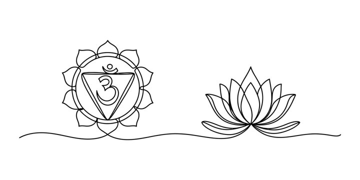 Continuous single line drawing of solar plexus chakra symbol and lotus flower for spiritual meditation and yoga practice illustration in a minimalist artistic style Vector, illustration