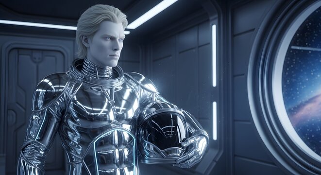 Future astronaut in reflective suit holds helmet on modern starship, viewing the vibrant nebula through a window, symbolizing space travel and discovery