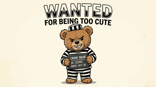 Grizzly bear outlaw holding prison mugshot identification board with wanted slogan poster background for crime humor vector illustration featuring hand drawn artistic style.