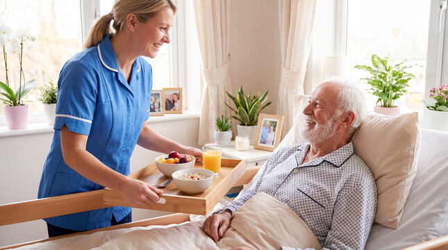 caregiver support elderly man breakfast home care compassionate help support compassionate angle highlights practical assistance dignity and human connection cheerful aide serving healthy meal