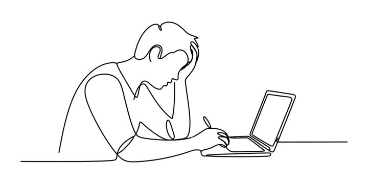 Stressed man sitting at a desk working on a laptop computer with his hand on his head feeling tired and overwhelmed by too much work in a continuous single line drawing Vector, illustration