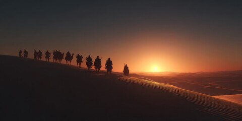Fototapeta premium Desert caravan silhouette at sunset with people and animals travel concept golden light