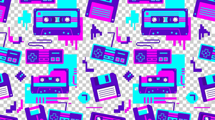 Retro 1980s aesthetic seamless pattern featuring neon cassette tapes floppy disks and gaming controllers in vibrant purple and cyan colors for digital design © AwaisAura