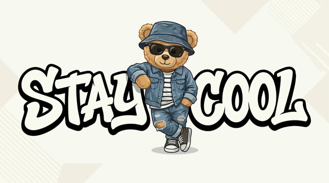 Trendy Stylist Bear Doll Character Leaning on Urban YO Typography Slogan, Modern Streetwear Aesthetic Vector Illustration for Apparel Design and Branding Element