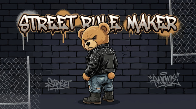 Urban Rebel Bear Character Wearing Studded Leather Jacket Over Shoulder Gaze with Street Rule Maker Slogan Edgy Toy Vector Illustration Graphic Design