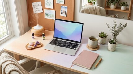 Fototapeta premium Emotional support workspace design home office desk with organic decor cozy environment elevated viewpoint