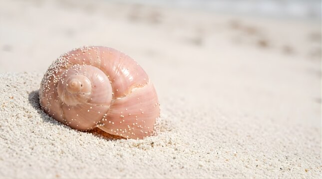 Single Pink Snail Shell Resting on White Sandy Beach in Tropical Sunlight
