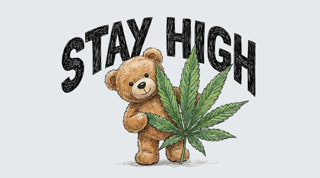 Artistic hand drawn vector illustration of a cute bear doll holding a green marijuana leaf with a stay high slogan, creative cannabis culture concept design for urban streetwear and prints.