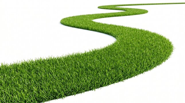 A winding path made of vibrant green grass on a clean white background, symbolizing a journey or environmental concept.
