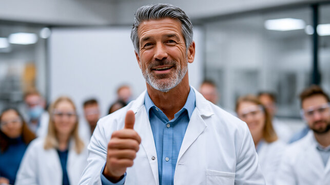 A realistic commercial stock photo of a pharmaceutical manufacturing quality control training seminar, senior quality manager presenting to group of lab technicians and production
