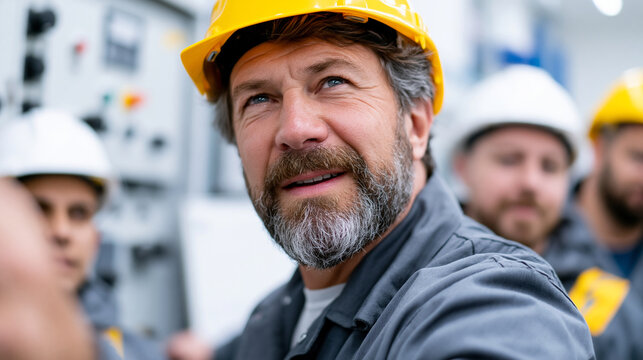 A realistic commercial stock photo of an electrical substation technical training workshop, senior electrical engineer instructor demonstrating switchgear operation to group of ele