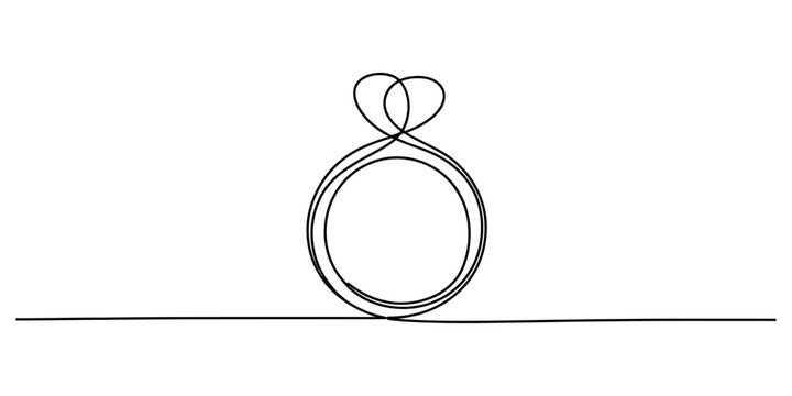 Minimalist continuous single line drawing of an engagement diamond ring with a heart shape top symbol representing love marriage wedding and romantic commitment concept Vector, illustration