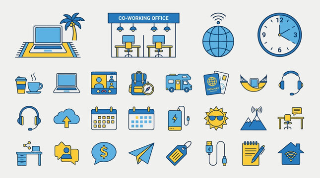 Flat vector icons for remote work and travel including coworking office laptop and travel symbols