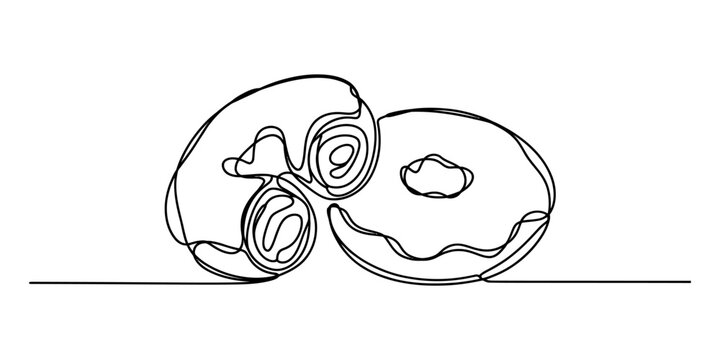 Continuous single line drawing of two sweet donuts with icing and sprinkles for breakfast and snack time food concept art in a simple minimalist black and white style Vector, illustration