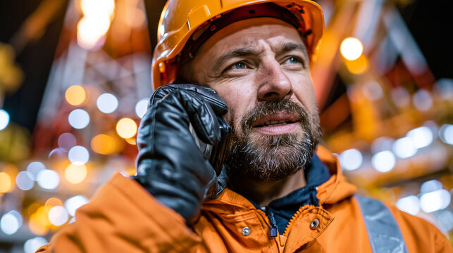 A realistic commercial stock photo of offshore platform operations communication during night shift, close-up of technician using satellite phone on exposed deck, orange coverall a