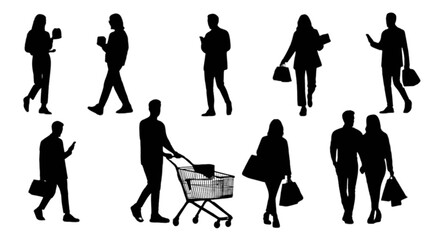 Black silhouettes of people walking with shopping bags and cart © Md