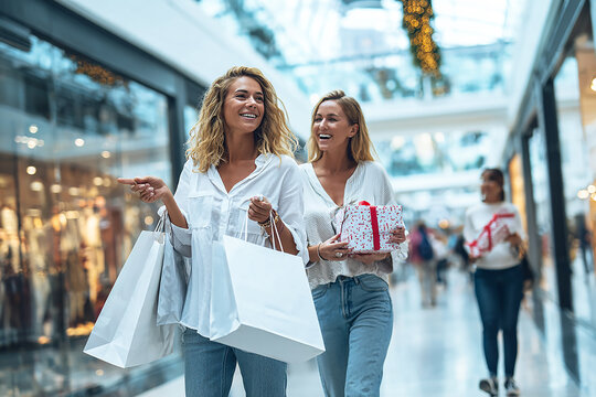Two happy young women wearing matching white shirts shopping in a modern mall, one friend pointing at something excitedly while holding paper shopping bags and smiling.