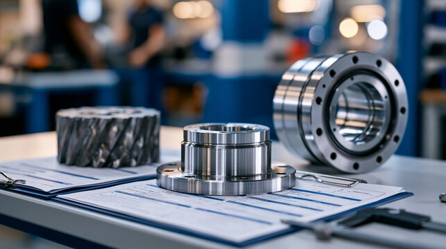 Before and after concept showing raw steel billet beside finished precision-machined aerospace component on industrial inspection table, quality assurance documentation and measurement tools arrange