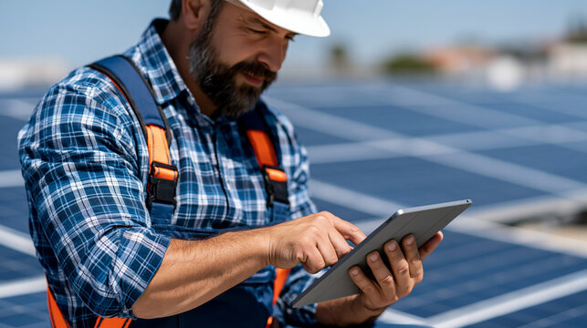 A realistic commercial stock photo of solar farm installation communication during midday shift, close-up of solar installation technician using tablet for system commissioning che
