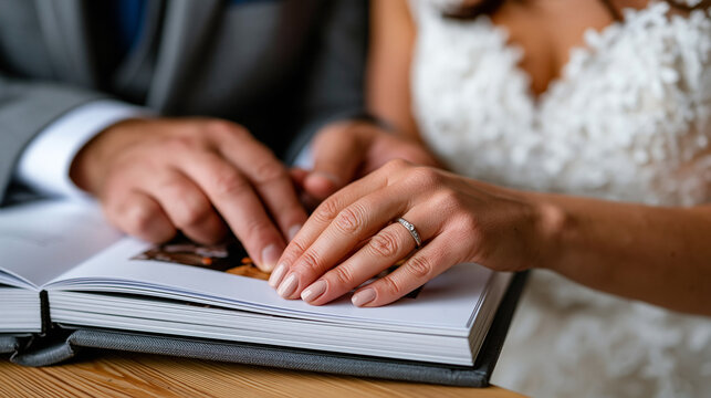 Close-up of bride and groom hands holding the opened wedding album together, rings clearly visible as fingers turn a page revealing ceremony portrait, soft natural window light illuminating the emot