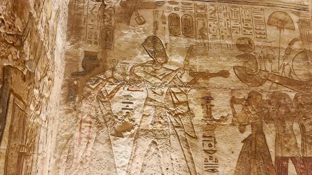 Interior decoration and statues in the Abu Simbel temple, a landmark in Nubia built by King Ramesses II, Egypt.