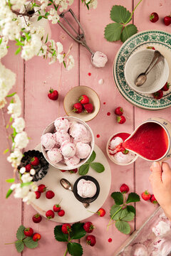 Strawberries and ice cream, gelato with juice