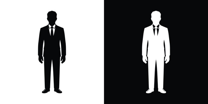 Businessman vector icon set. Front view silhouette profile of a man wearing a formal suit and tie. Clean graphic template in black and white.
