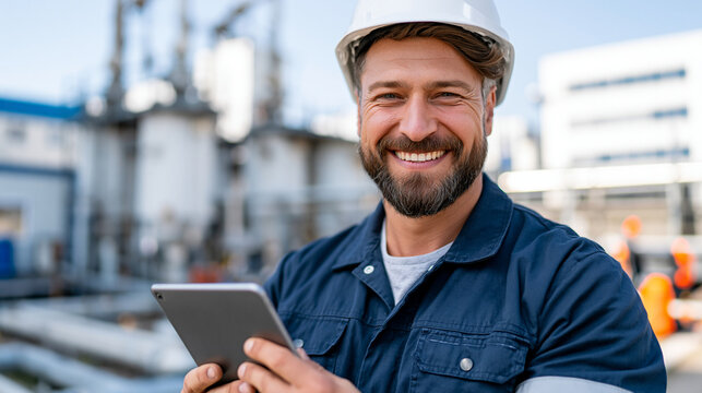 A realistic commercial stock photo of groundwater remediation facility management, male environmental engineer standing near soil vapor extraction wells and treatment system infras
