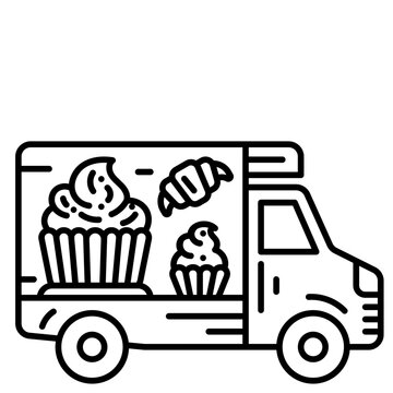 Outline bakery delivery truck icon with cupcakes, croissant, and dessert service.