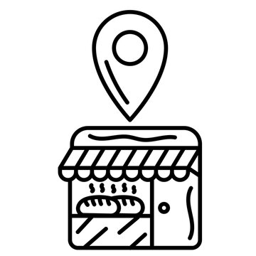 Outline bakery shop location icon with map pin, awning, bread, and storefront.