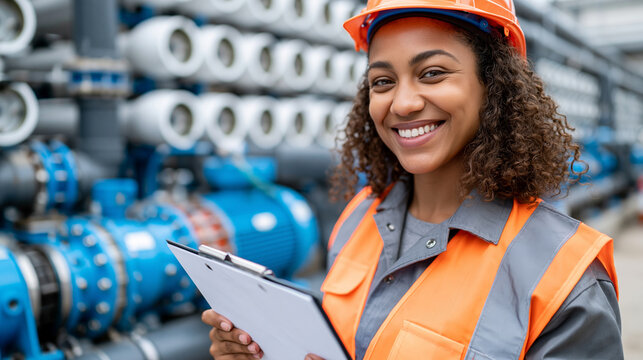 A realistic commercial stock photo of desalination plant facility management, female process engineer standing near large reverse osmosis membrane housing units and high pressure p