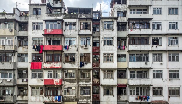 Close-up of a densely packed, aged apartment complex with weathered facades, balconies, and clotheslines, under a cloudy sky