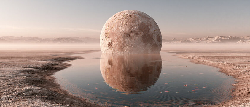 A gigantic cracked porcelain moon resting in a shallow mirror like pool