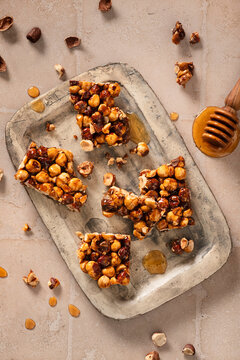 croccante on a tray with hazelnuts and honey