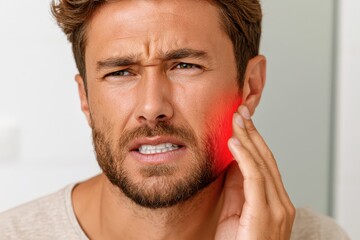 Fototapeta premium Man experiencing severe toothache and jaw pain, with red inflammation highlighting the discomfort and agony.