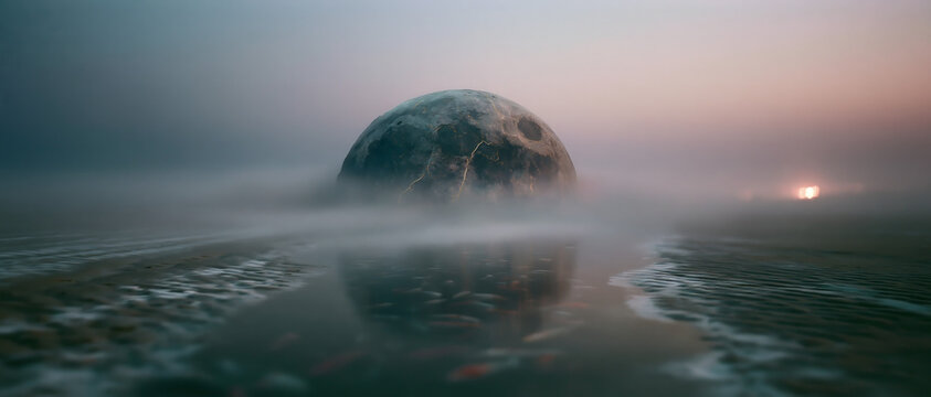 A gigantic cracked porcelain moon resting in a shallow mirror like pool