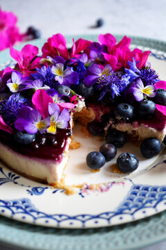 Blueberry cheesecake topped with rose geranium, blue cornflower, and mini viola edible flowers and fresh blueberries. Close up.