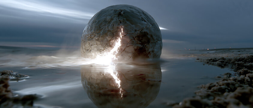 A gigantic cracked porcelain moon resting in a shallow mirror like pool